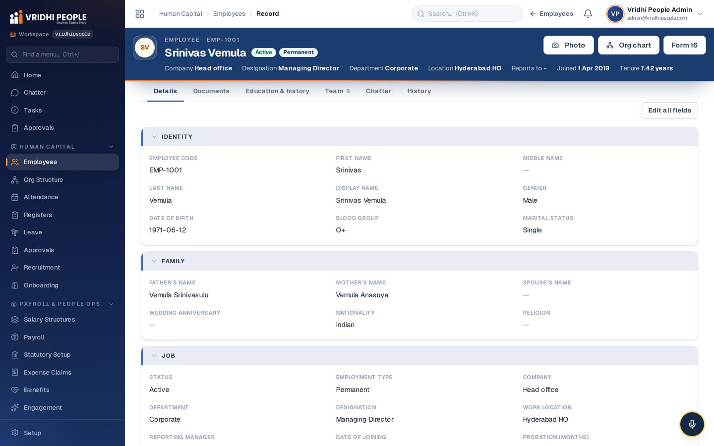 One employee record: identity, job, family, documents, salary and history in one place